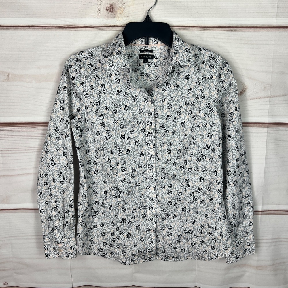 Talbots Top Womens 2 Black Gray Floral Shirt Button Up Non-Iron Oxford Cotton